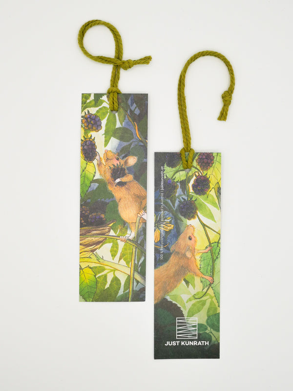 Lesezeichen - Mauese - Brombeeren - Garten - Nachhaltig produziert - 15x5cm - mit Kordel - grün - lila - gelb