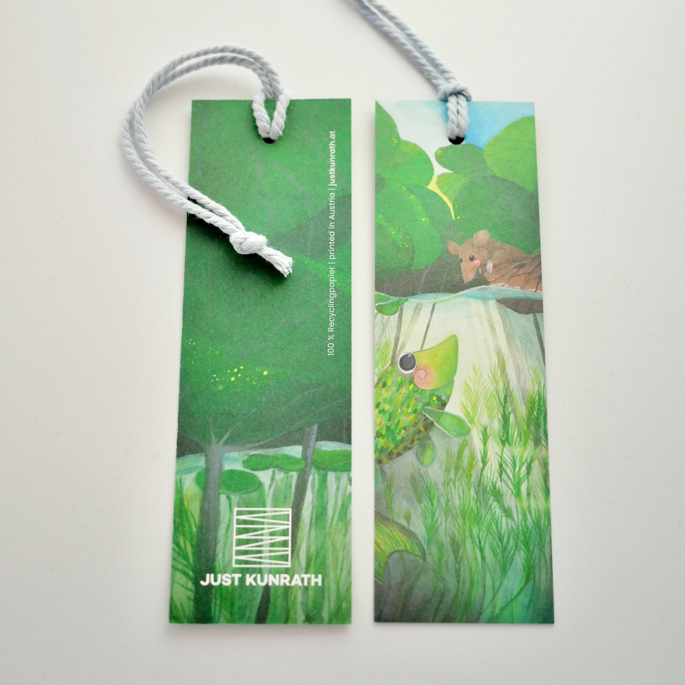Lesezeichen mit Kordel - Maus und Fisch - Wasser - blau - grün - 15x5cm - nachhaltig - Zubehör Kinderbuch