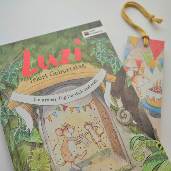 Buch mit Lesezeichen - Luzi feiert Geburtstag - Kindergarten - Mitfreuen - Nachhaltig - Öko - cross-sale