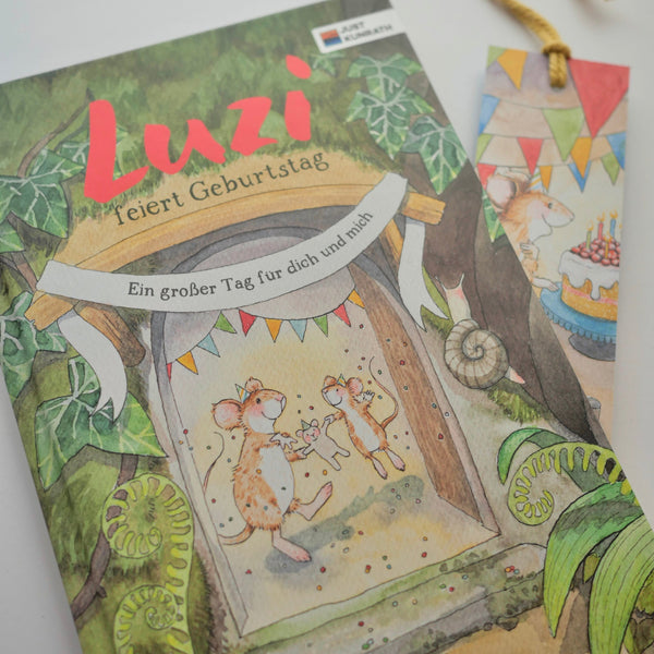 Bilderbuch Cover und Lesezeichen- Luzi feiert Geburtstag - Illustration mit Luzi Waldmaus und ihrem Bruder Geburtstagsfeier Geschenk - nachhaltig 